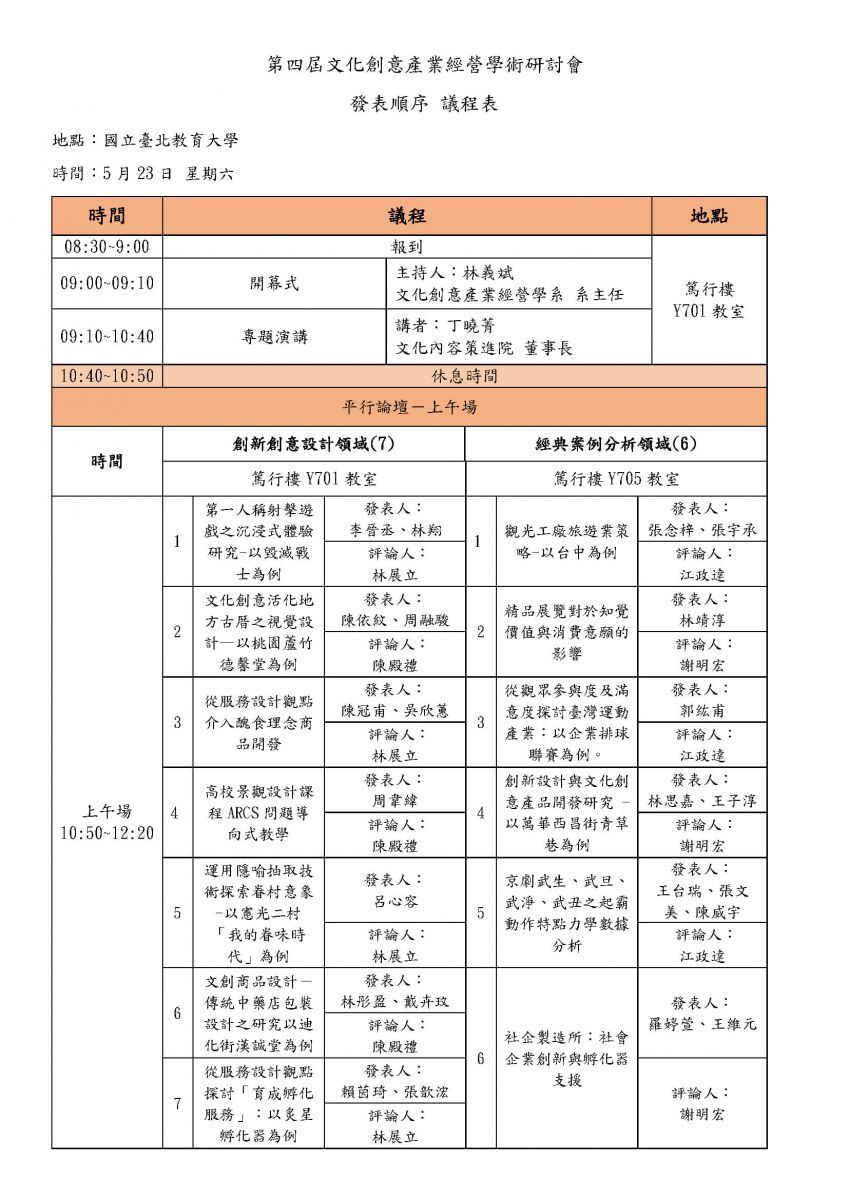 第四屆文化創意產業經營學術研討會－議程公告
