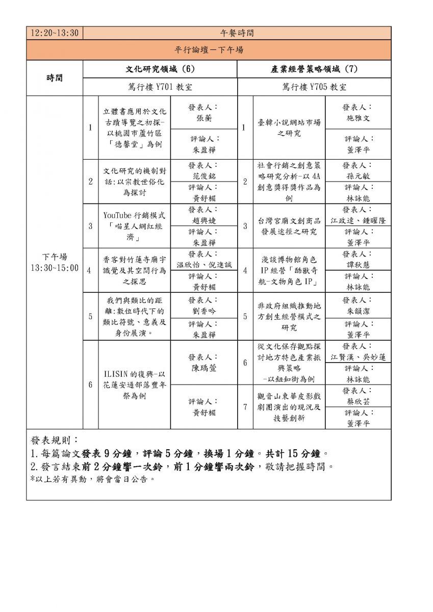 第四屆文化創意產業經營學術研討會－議程公告